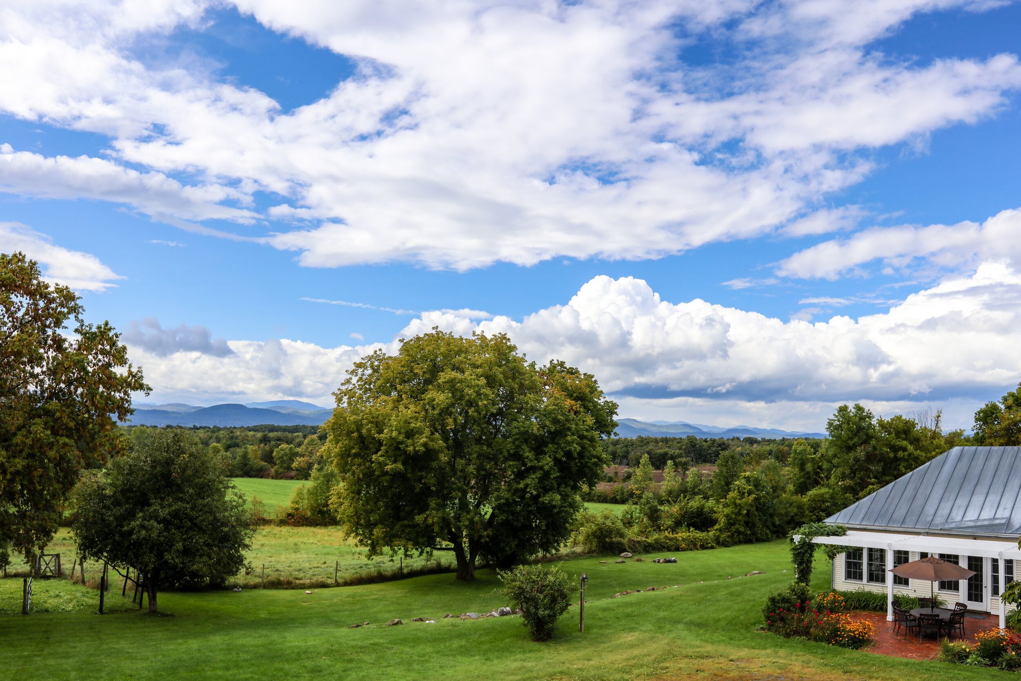 Sweeping view across the meadow toward the Adirondack Mountains, with the guest house and its patio at right under a blue summer sky.